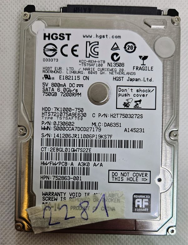 HGST 750GB 2.5 SATA HDD 7K1000-750 - 7200RPM - 6.0Gbs prenosni trdi disk - rabljeno