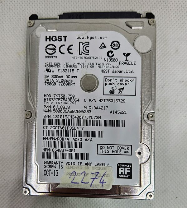 HGST 750GB 2.5" SATA HDD 7K750-750 7200RPM 3.0Gb/s prenosni trdi disk - rabljeno