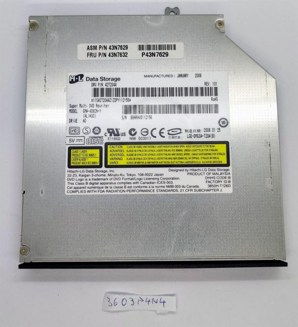 Hitachi GMA-4082N-Y Lenovo 3000 N200 DVD-RW pogon FRU 43N7629 Delniški deli za prenosnike - rabljeno