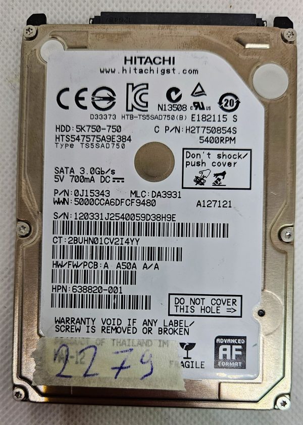 Hitachi HTS547575A9E384 750GB SATA 2.5" prenosni trdi disk - visoka kapaciteta shranjevanja - rabljeno