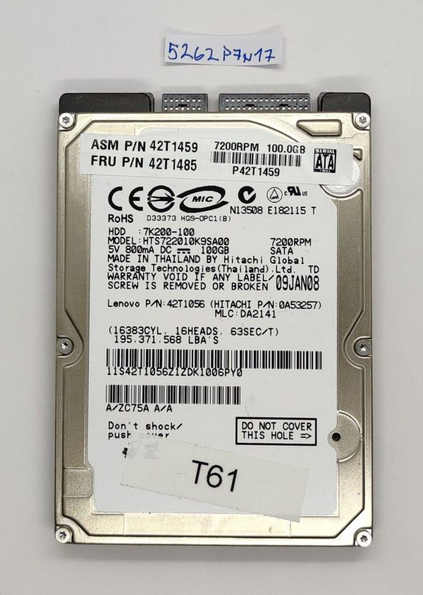 Lenovo Thinkpad T61 FRU 42T1485 HDD 7K200-100 100GB -  trdi disk - rabljeno