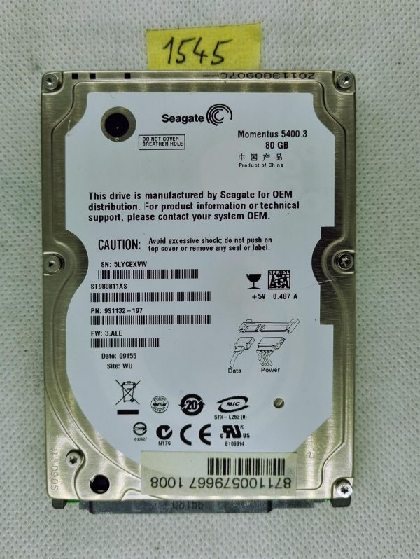 Seagate HDD ST980811AS 80GB 5200RPM 9S1132-197 2,5 SATA 8MB Cache 150Mbps - rabljeno