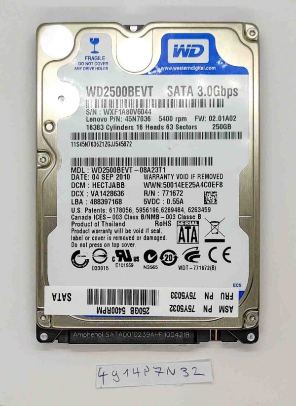 WD WD2500BEVT 250GB SATA II 5400 RPM 2.5" HDD za Lenovo Edge 15 0301, 100% zdravje - rabljeno