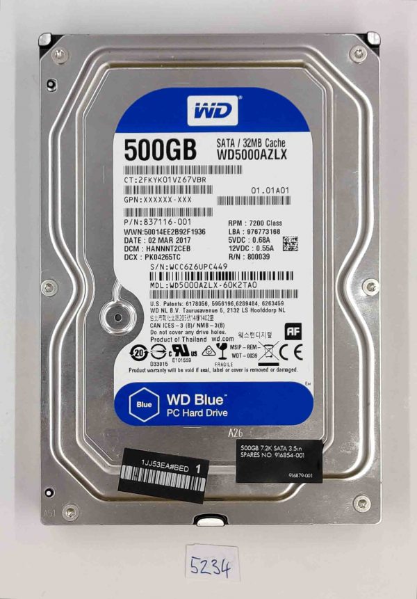 Western Digital Blue 500GB 7200 RPM 3.5" SATA HDD - WD5000AZLX - 100% zdravje - rabljeno