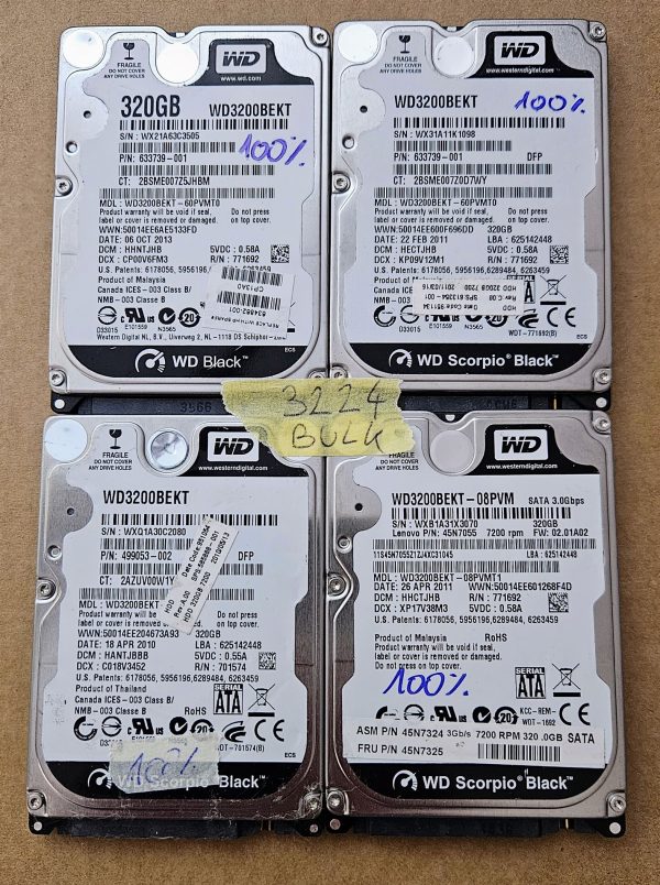 BULK 4 x Western Digital WD Scorpio Black WD3200BEKT-60V5T1 320GB 2.5 prenosni trdi disk - 4x 100% zdravje - rabljeno